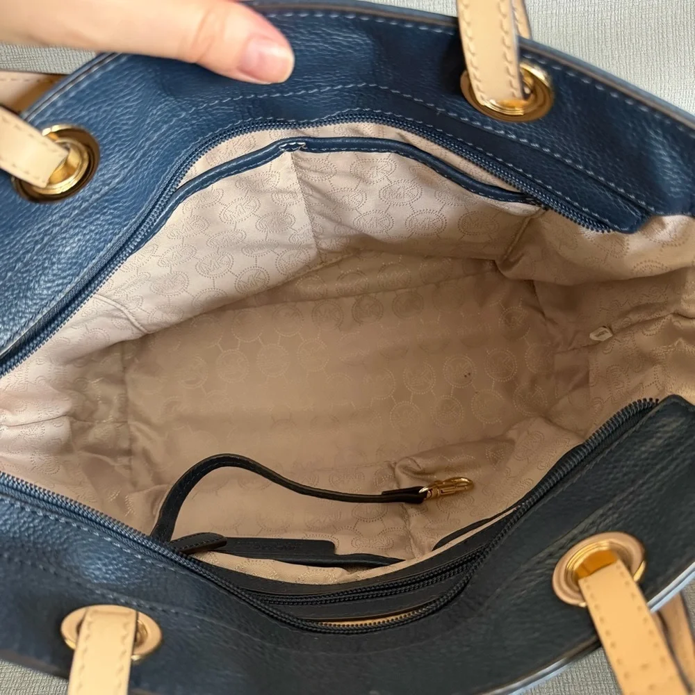 Michael Kors Dark Blue Pebbled Leather with Tan Straps Shoulder Bag Tote - Picture 11 of 15
